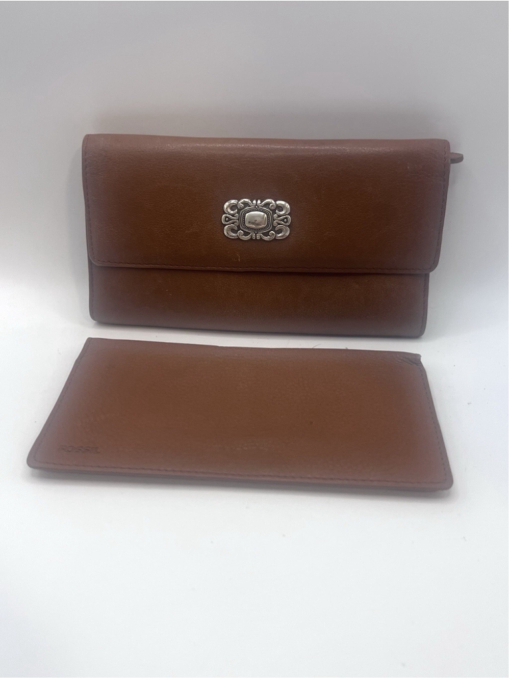 Vintage Fossil Brown & Silver Women’s Wallet Genuine Leather Billfold Checkbook